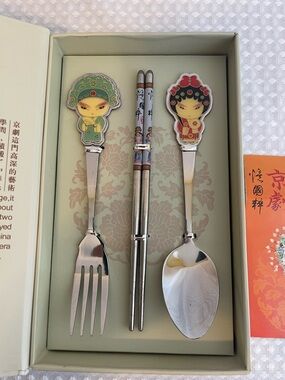 Peking Opera 4-Piece Utensil Set Chibi Character Fork Spoon Chopsticks NIB #708